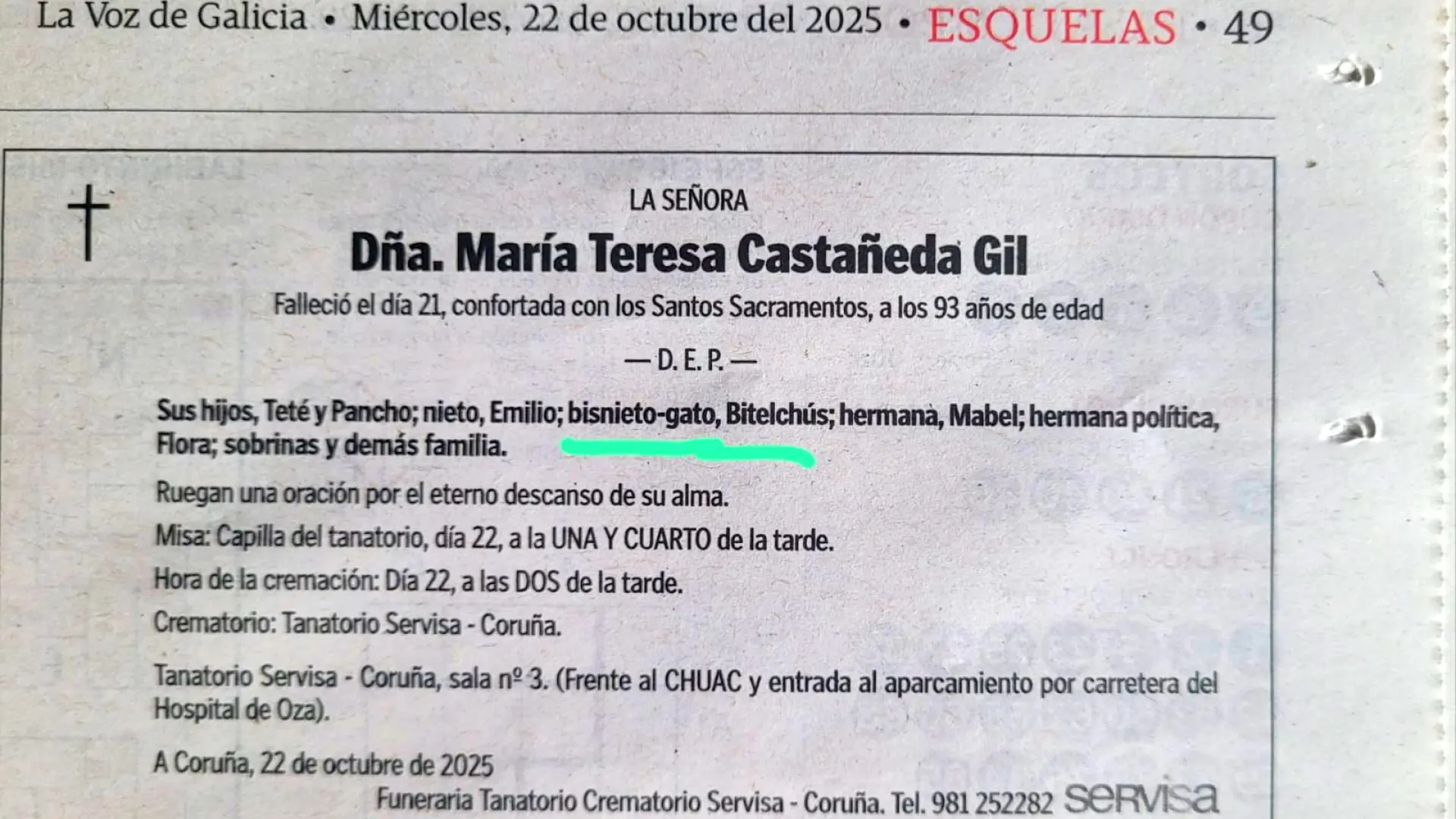 El obituario de una vecina de A Coruña que escondía a un curioso familiar: su "bisnieto-gato Bitelchús"