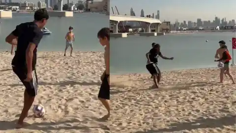 Imagen 1 de El momentazo de Lamine Yamal en Dubái: partidillo con unos niños en la playa para celebrar la Navidad